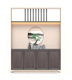 Modern Chinese Dark Wood and Beige Four-Door Storage Cabinet with Screen