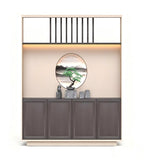 新中式深木色拼米色帶屏風四門儲物櫃 Modern Chinese Dark Wood and Beige 4-Door Screen Storage Cabinet
