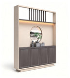 Modern Chinese Dark Wood and Beige Four-Door Storage Cabinet with Screen