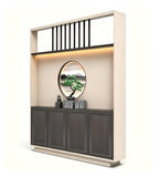 新中式深木色拼米色帶屏風四門儲物櫃 Modern Chinese Dark Wood and Beige 4-Door Screen Storage Cabinet
