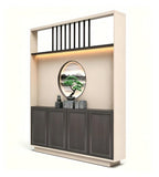 Modern Chinese Dark Wood and Beige Four-Door Storage Cabinet with Screen