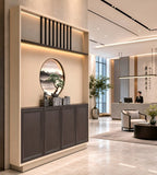 Modern Chinese Dark Wood and Beige Four-Door Storage Cabinet with Screen