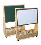 原木色樟子松實木帶櫃桶帶轆雙面幼稚園黑板櫃 Practical Solid Wood Kindergarten Blackboard Cabinet