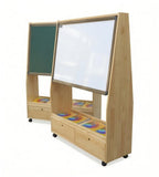 原木色樟子松實木帶櫃桶帶轆雙面幼稚園黑板櫃 Practical Solid Wood Kindergarten Blackboard Cabinet