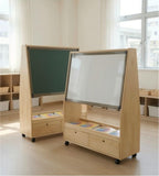 原木色樟子松實木帶櫃桶帶轆雙面幼稚園黑板櫃 Practical Solid Wood Kindergarten Blackboard Cabinet