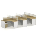 Modern Minimalist L-Shaped Office Desk with Partition in Light Wood and White