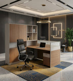 木紋L形帶高身儲物櫃屏風辦公枱 L-Shaped Desk with Tall Cabinet and Screen