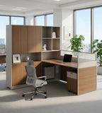 木紋L形帶高身儲物櫃屏風辦公枱 L-Shaped Desk with Tall Cabinet and Screen