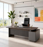 現代商務胡桃木配鐵灰L形帶側櫃老闆枱 Business Walnut and Iron Grey L-Shaped Boss Desk