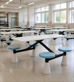 Practical White Sintered Stone with Blue PU Leather Four-Seater Round Stool Integrated School Canteen Dining Table Set