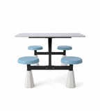 實用白色岩板配藍色PU皮四人位圓凳連體餐枱 School Canteen Dining Table Set