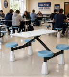 Practical White Sintered Stone with Blue PU Leather Four-Seater Round Stool Integrated School Canteen Dining Table Set