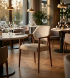 現代米色實木PU皮帶扶手餐椅 Modern PU Leather Dining Chair