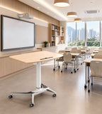 Minimalist Light Wood Adjustable Podium with Tablet Slot and Wheels