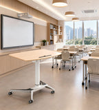 簡約淺木色升降式帶轆平板槽講台 Minimalist Light Wood Adjustable Podium with Tablet Slot and Wheels