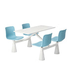 簡約學校飯堂白色岩板配淺藍色鋼架四人位連體餐枱 School Dining Table Set