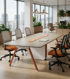 商務淺木紋長方形帶線盒會議枱 Light Wood Conference Table