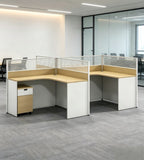 Modern Minimalist L-Shaped Office Desk with Partition in Light Wood and White