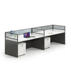現代灰白色帶屏風密碼鎖活動櫃辦公枱 Grey-White Office Desk with Screen and Pedestal