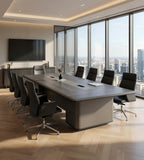 商務深木紋長方形帶線盒辦公室會議枱 Modern Dark Wood Conference Table