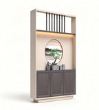 Modern Chinese Dark Wood and Beige Screen Storage Cabinet