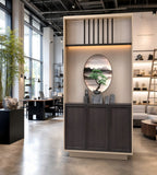 Modern Chinese Dark Wood and Beige Screen Storage Cabinet