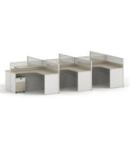 Grey multi-configuration office desk with privacy screens