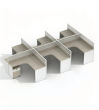 Grey multi-configuration office desk with privacy screens