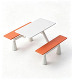 Modern Canteen Dining Table with Benches, featuring minimalist orange laminate panels