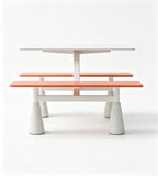 Modern Canteen Dining Table with Benches, featuring minimalist orange laminate panels