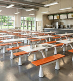 Modern Canteen Dining Table with Benches, featuring minimalist orange laminate panels