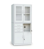 Modern White Steel Glass Door Cabinet with Three Lockable Drawers