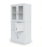 Modern White Steel Glass Door Cabinet with Three Lockable Drawers