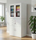 Modern White Steel Glass Door Cabinet with Three Lockable Drawers
