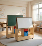 實用原木色樟子松實木帶轆雙面幼稚園黑板櫃 Practical Solid Wood Kindergarten Blackboard Cabinet