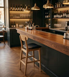 Minimalist Black PU Leather Solid Wood Bar Stool with Backrest