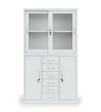 白色鋼製玻璃趟門帶六櫃桶文件櫃 White Steel Sliding Glass Door File Cabinet with 6 Drawers