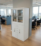 White Steel Sliding Glass Door File Cabinet with 6 Drawers