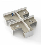 Grey multi-configuration office desk with privacy screens