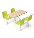 School Canteen Dining Table Set - Practical and Durable, Light Wood with Green Steel Frame, Four-Seater Connected Dining Table