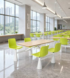 School Canteen Dining Table Set - Practical and Durable, Light Wood with Green Steel Frame, Four-Seater Connected Dining Table