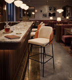 Minimalist Beige Fabric Bar Stool with Arms and Iron Legs