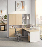 現代木紋L形帶儲物櫃屏風辦公枱 Modern L-Shaped Desk with Storage & Screen