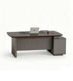 商務胡桃木配鐵灰L形帶側櫃老闆枱 Business Walnut and Iron Grey L-Shaped Boss Desk