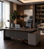 商務胡桃木配鐵灰L形帶側櫃老闆枱 Business Walnut and Iron Grey L-Shaped Boss Desk