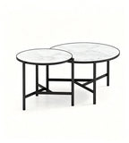 現代白色岩板黑鋼腳圓形組合茶几 Modern White Sintered Stone Round Nesting Coffee Table