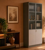Dark Grey Wooden File Cabinet with Tinted Glass Hinged Doors and Password Lock