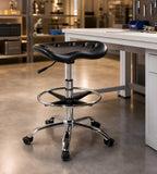Black PU Leather Adjustable Bar Stool with Wheels, Comfortable and Durable