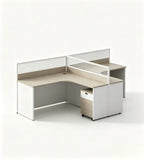 Grey multi-configuration office desk with privacy screens