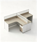 Grey multi-configuration office desk with privacy screens